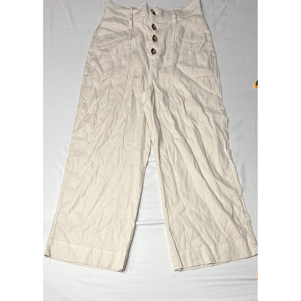 Evereve Women Cream Linen Blend Wide Leg Crop Pants Button Fly Size 27 T6